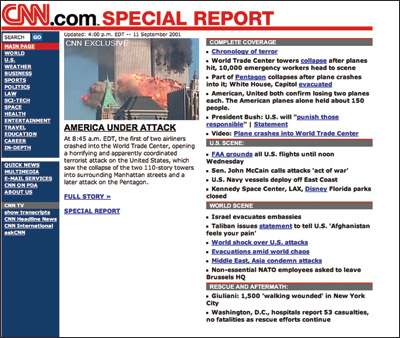 CNN.com screen on September 11, 2001.