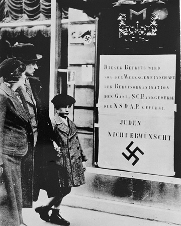 A sign in a restaurant window prohibits Jews from entering, Vienna, ca. March 1938.  (Courtesy of  the United States  Holocaust Memorial Museum.)