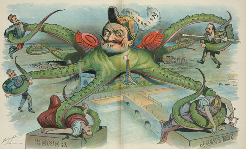 French political cartoon by Louis Dalrymple, which appeared in Puck, 1898, depicting the Dreyfus scandal. (Courtesy of the Library of Congress Prints and Photographs Division.)