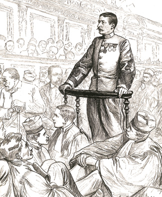 Lieutenant-Colonel Marie-Georges Picquart, testifying at the Zola trial in Paris, 1898. Engraving by Sabattier et Thiriat from l'Illustration.  