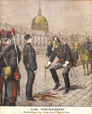 The public humiliation of Alfred Dreyfus at the École Militaire by Henri Meyer, which appeared on the cover of Le Petit Journal, January 13, 1895. (From the Bibliothèque Nationale de France.)