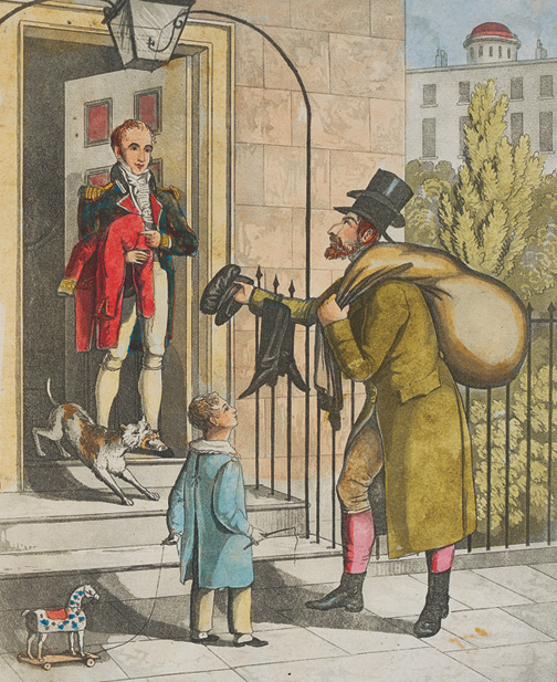 Old clothes” man selling his wares to a gentleman at his home, ca. 1820. (Courtesy of the Jewish Museum, London.)