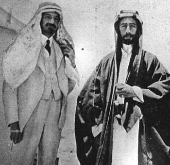 Chaim Weizmann, left, wearing Arab dress as a sign of friendship with Emir Feisal I in Syria, 1918.
