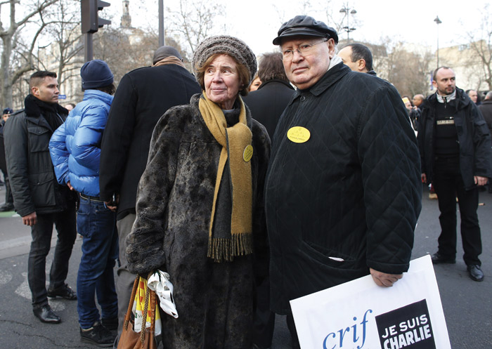 Nazi hunters Beate and Serge Klarsfeld take part in a unity rally, Paris, January 11, 2015, which paid tribute to the 17 victims of the Paris massacres. (Photo by Thomas Samson/AFP/Getty Images.