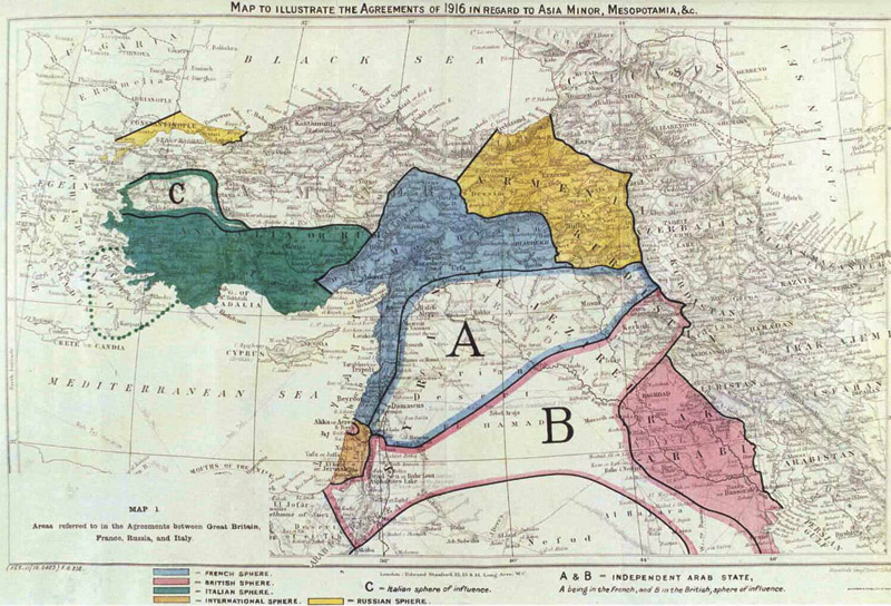 A map showing the boundaries drawn by the Sykes-Picot Agreement of 1916. (From the British Library.)