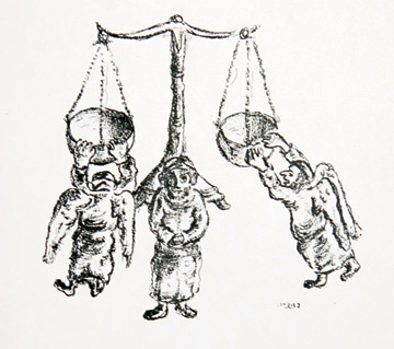 “The good deeds and evil balanced each other exactly,” from The Three Gifts by Yosl Bergner, 1950. (From 59  Illustrations to All the Folk Tales of Itzchok Leibush Peretz, published by Hertz and Edelstein, Montreal. Courtesy of  the artist.)  