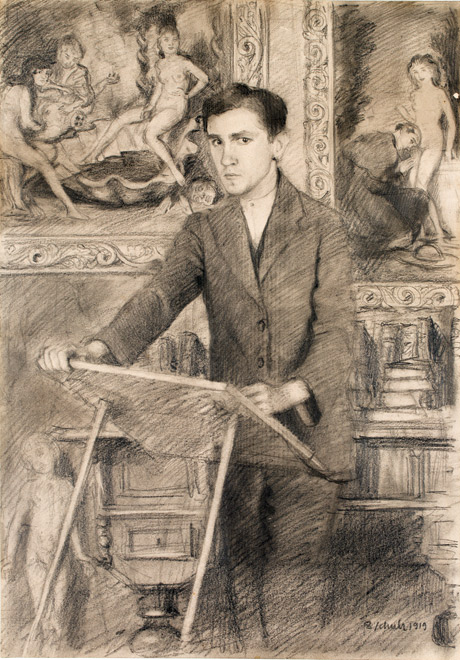 Self-Portrait Behind the Sketch Desktop by Bruno Schulz, 1919. (From the collection of the Emanuel Ringelblum Jewish Historical Institute in Warsaw.)