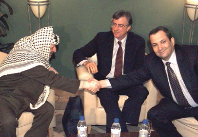PLO leader Yasser Arafat, U.S. Middle East envoy Dennis Ross, and Israeli Prime Minister  Ehud Barak meet in the West Bank town of Ramallah, March 8, 2000, in a second attempt  to regenerate the Israeli-Palestinan peace talks. (AWAD AWAD/AFP/Getty Images.) 