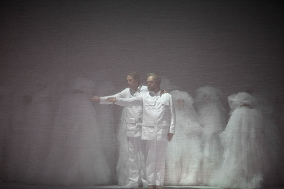 Moses and Aron in a scene from Romeo Castellucci’s production of Moses und Aron at the National Opéra of Paris. (Courtesy of Bernd Uhlig.) 