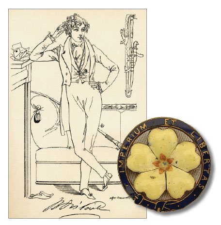 Benjamin Disraeli as a young man and literary figure during his dandy phase by Daniel Maclise, 1833. (Universal History Archive/UIG via Getty Images.) Right: The pin of the Primrose League
