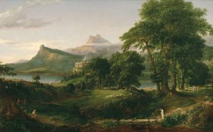 The Arcadian or Pastoral State, the second painting in The Course of Empire by Thomas Cole, 1834. Note  the size of the human figures in relation to the landscape. (Courtesy of the New York Historical Society.)