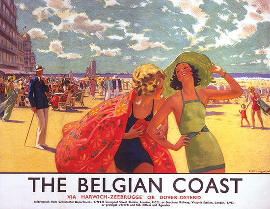 Poster promoting travel from Harwich and Dover to Zeebrugge and Ostend, Belgium, ca. 1930s. Artwork by Arthur C. Michael. (Science & Society Picture Library/Getty Images.)