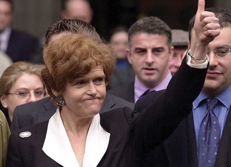 Deborah E. Lipstadt exults after winning the libel case brought against her and Penguin Books by British revisionist historian David Irving, April 2000. (Martyn Hayhow/AFP/Getty Images.)