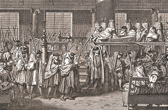 Hoshana Rabbah procession, the seventh day of Sukkot, Amsterdam Synagogue. Etching by Bernard Picart from Cérémonies, ca. 1772. 