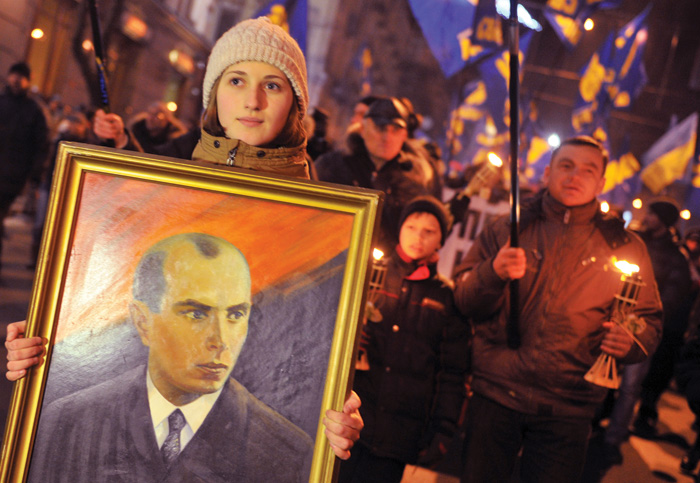 Ukrainian nationalists march to commemorate the 104th anniversary of the birth of Stepan Bandera, Kiev, January 1, 2013. (Photo courtesy of Genya Savilov/AFP/Getty Images.)