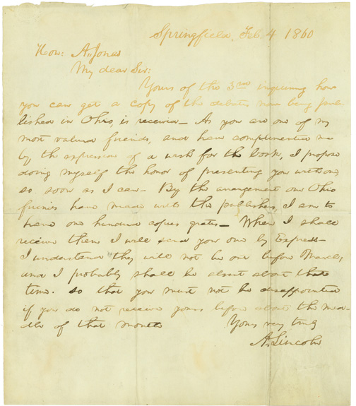 A letter from Abraham Lincoln to Abraham Jonas acknowledging him as “one of my most valued friends.” (Courtesy of Abraham Lincoln Presidential Library & Museum.) 