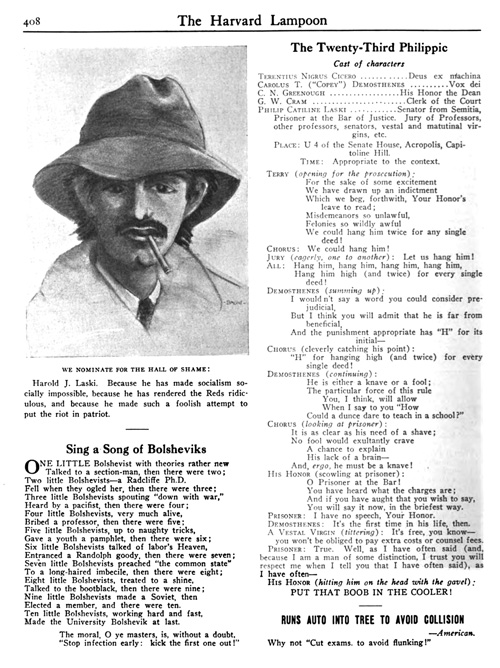 A page from the January 1920 issue of The Harvard  Lampoon throughout which Harold Laski is mocked and vilifed. (From the collection of the Harvard University Archives.)