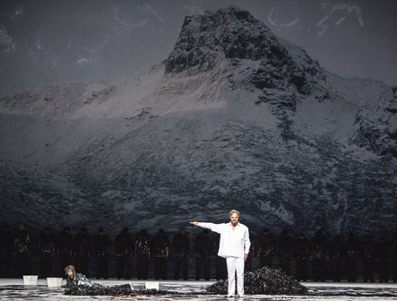 Moses and Aron at the base of the mountain in the National Opéra of Paris’s production of Moses und Aron. (Courtesy of Bernd Uhlig.