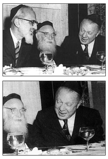 Top: Rabbis Joseph B. Soloveitchik and Aaron Kotler with Irving Bunim at a Chinuch Atzmai dinner, 1956.  Bottom: The cropped version, which appeared in Yitzchok Dershowitz’s The Legacy of Maran Rav Aharon Kotler.  (Courtesy of The Littman Library of Jewish Civilization.) 
