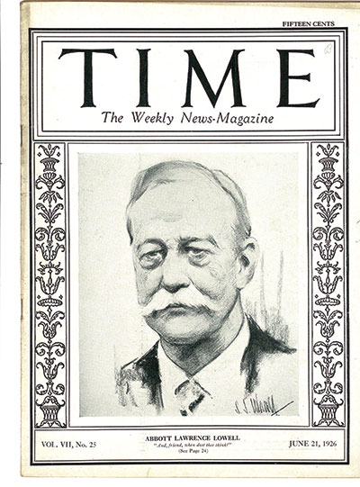 Time magazine cover featuring Abbott Lawrence Lowell.