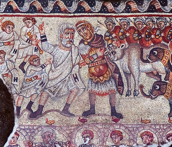 A mosaic, depicts a meeting between, possibly, Alexander the Great and a Jewish high priest.