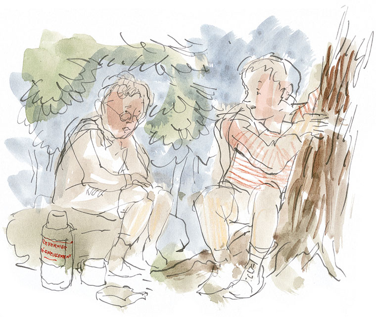 Illustration of two children sitting near a tree