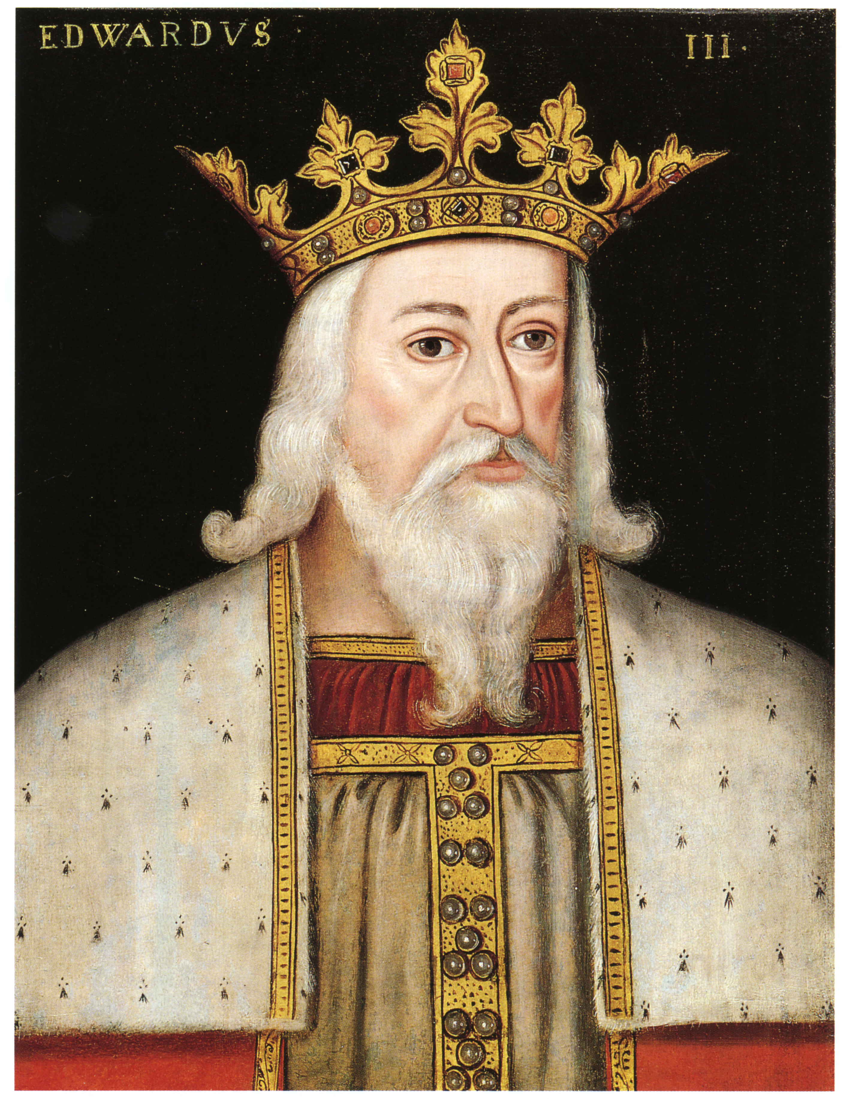 Painting of King Edward III of England wearing a large, elaborate gold crown.