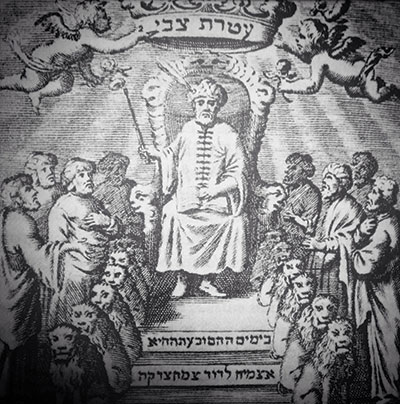 Illustration of man sitting on throne in front of a crowd with angels in the sky holding a banner
