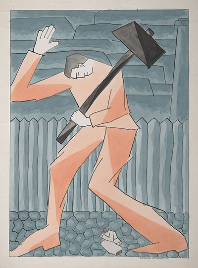 Panel of a man holding an axe