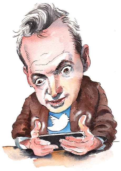 Illustration of a man looking at a cell phone screen with eyebrows raised