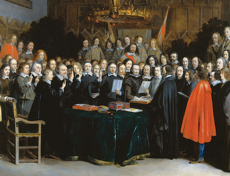 Painting of a group of 17th century men signing a treaty