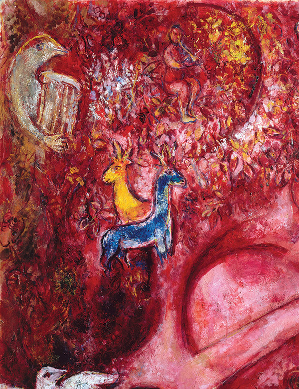 Painting of two goat-like animals in a red background