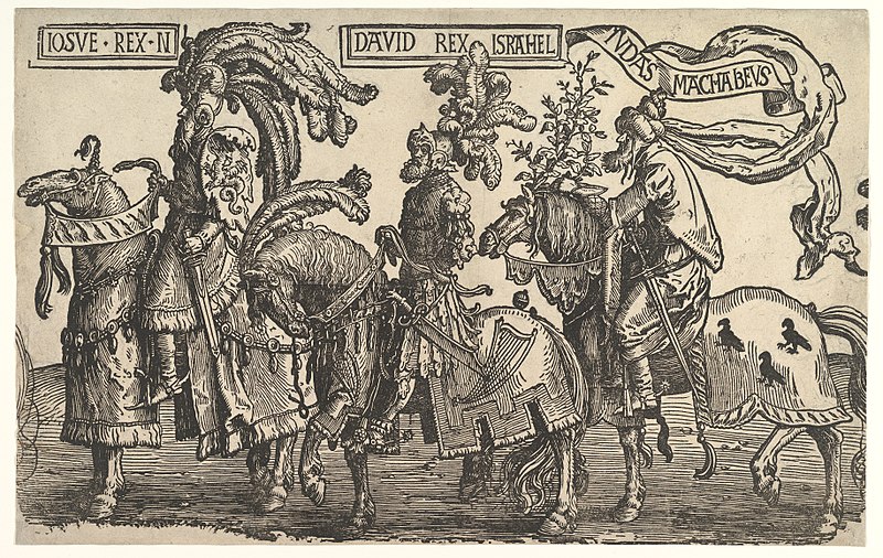 Engraving of three warriors on horseback.
