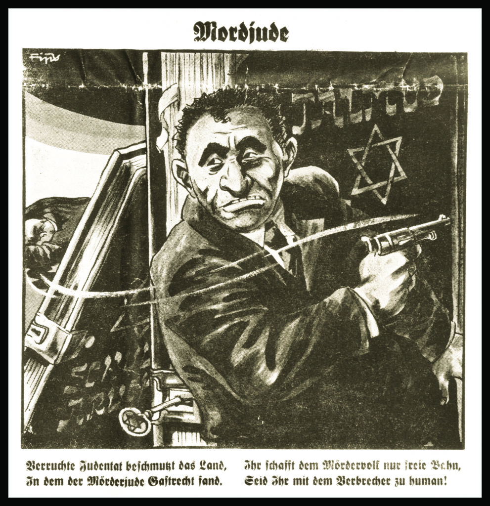 Caricature of Herschel Grynszpan, the “Jewish murderer,” on the front page of the Nazi publication Der Stürmer. (Courtesy of Virginius Dabney, United States Holocaust Memorial Museum.) 
