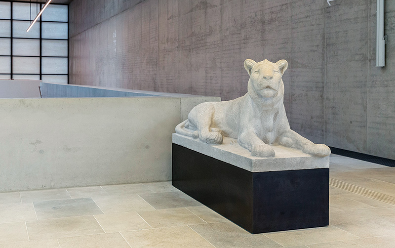 Lying Lion by August Gaul sits watch in the foyer of the James Simon Galerie, May 2019. (© Staatliche Museen zu Berlin/David von Becker.)
